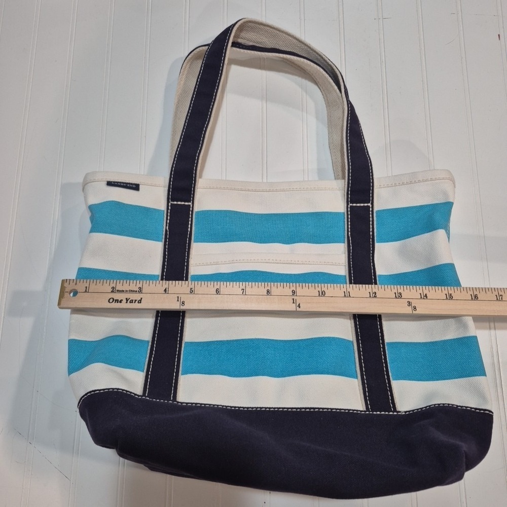 Lands End Tote Bag Blue Beach/Nautical Striped Multi Pocket Canvas